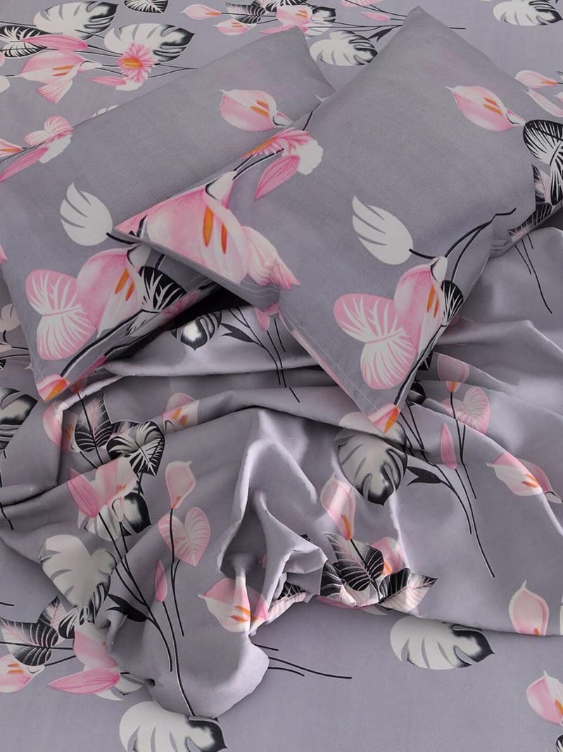 STARNSTYLE 240 TC Cotton Feel Glace Cotton Floral Printed King Size Double Bedsheet with 2 Pillow Covers, Grey - Image 3